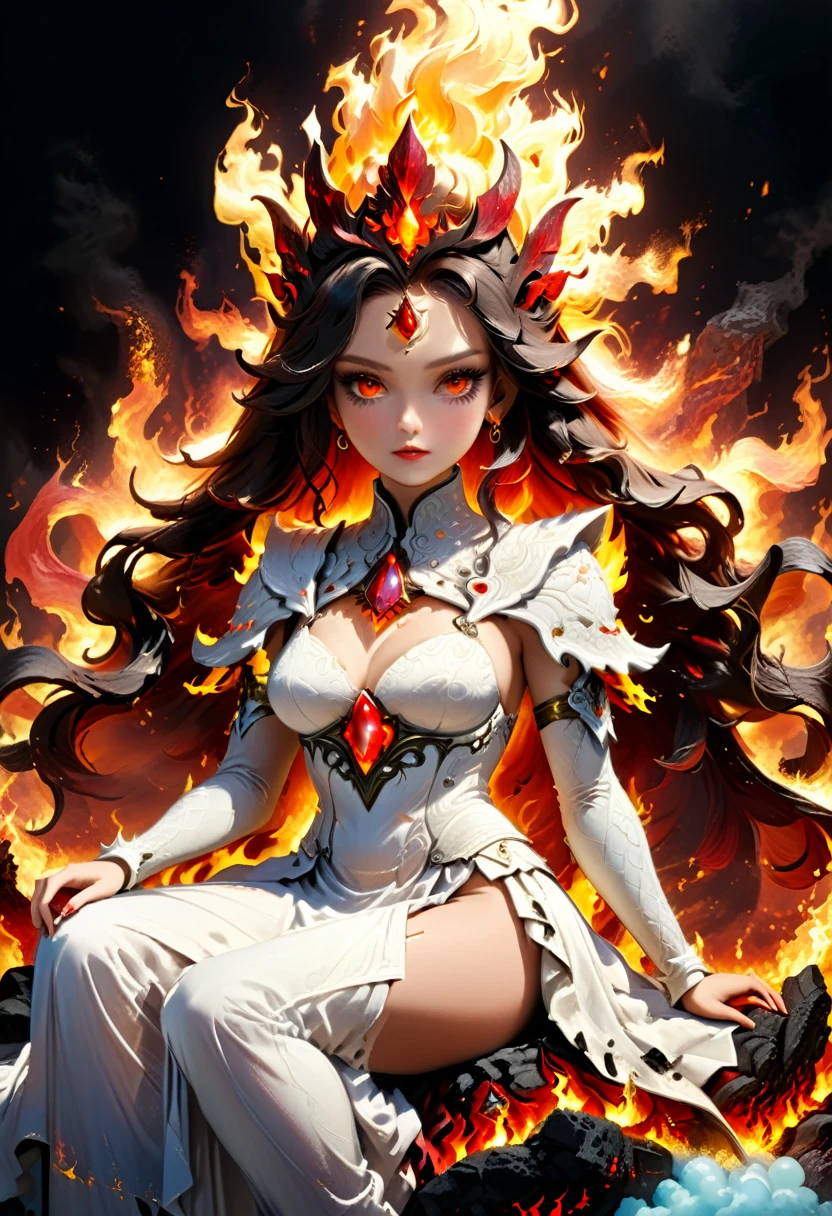 icture of a fire queen sitting on her fiery throne, a (fire queen: 1.2) wearing white dress, royal dress, glamorous dress, dynamic hair, bold intense eyes, extremely exquisite beautiful queen, perfect body, (anatomically correct: 1.3), ultra feminine, ultra detailed face, red lips, fiery glowing eyes, she sits on a (fiery throne: 1.3) of magic, and might, throne carved from basalt, legendary symmetric design, with (many carvings in the marble: 1.3), (lava veins in the basalt and on the handles, decorated with rubies, and opal gems, goddess of fire fantasy hall room background, (masterpiece: 1.4) intense details, highly detailed, photorealistic, best quality, highres,16k, [ultra detailed], masterpiece, best quality, (extremely detailed), close up, ultra wide shot, photorealistic, RAW, fantasy art, dnd art, fantasy art, realistic art,((best quality)), ((masterpiece)), (detailed: 1.5), ral-ntrgmstn, faize