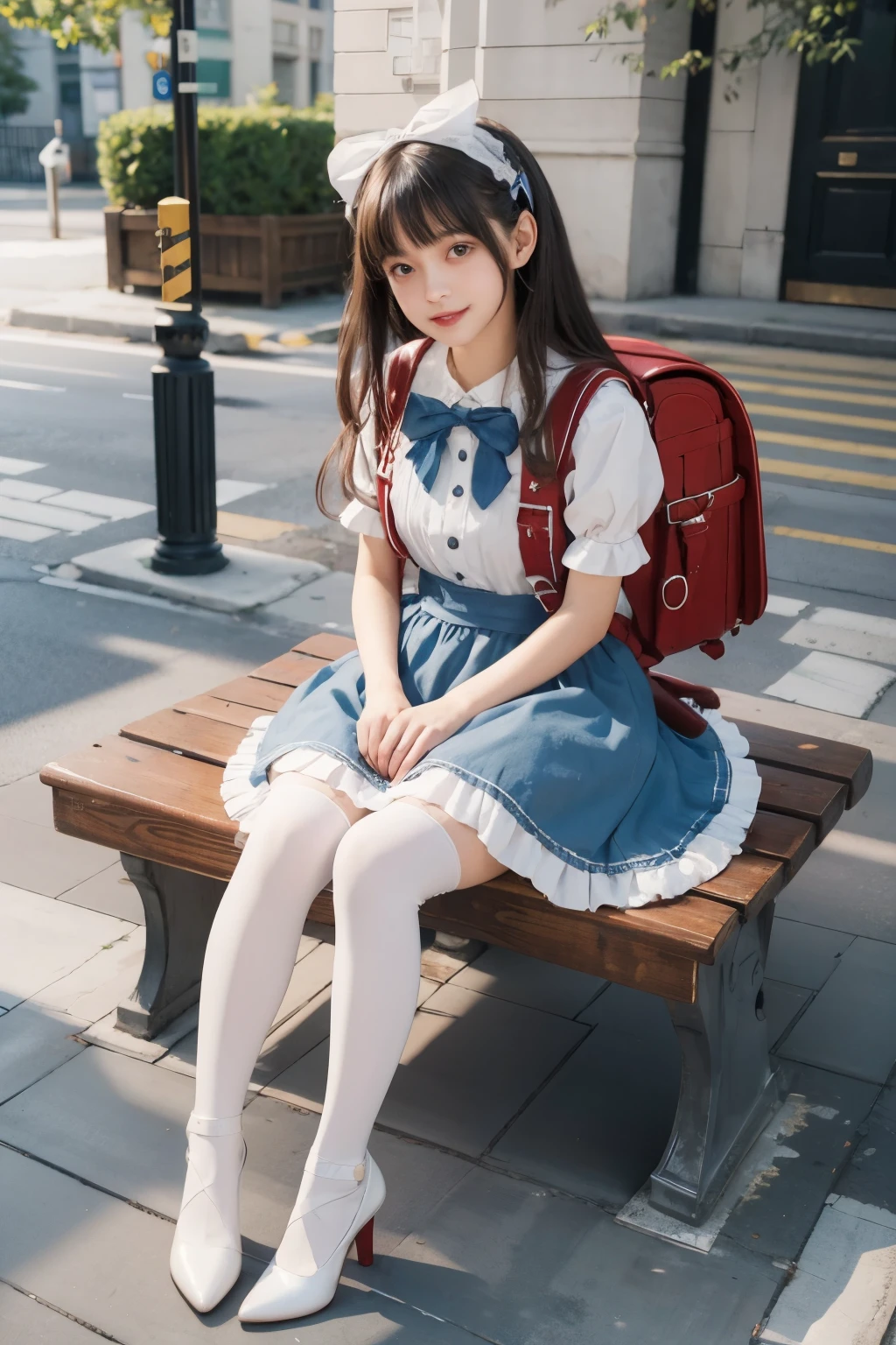 highest quality、masterpiece、8K、best image quality、hyper realism、Award-winning work)、(solo:1.1)、(1 photo:1.1)、masterpiece, realistic highest quality, High resolution, very detailed, detailed background, cinematic lighting, 1 girl,8K, chinese,,innocent face,teenage girle,summer clothes,everyday wear,garden,sitting,black hair,ribbon,frilly clothes, neck bowtie, hair ornaments, blue dress, princess dress, fairy dress, smile, Sitting, white high heels, white long socks, flower park, wearing randoseru backpack, (backpack:1.2), Daytime, brown eyes