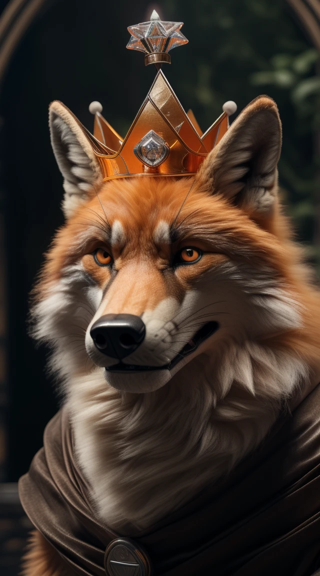 (better quality,16K,32k,highres,master piece:1.2),ultra detali,(realistic,fotorrealistic,photo-realistic:1.37),(an orange and white fox) looking at the viewer seductive expression with cute face a realistic background bright orange eye A cunning villain pose with (large crown) (diamond crown ( King crown) expression of serious courageous and confident and cunning
