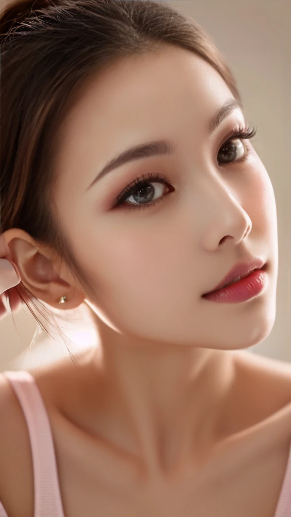 (32k, High resolution, High resolution), ((((photograph, RAWphotograph, Hyperrealism, masterpiece, Highest quality, ultra High resolution,Japanese)))), (Pin Light, Backlight, Backlight, Cinematic Light), Sharp focus:1. 4, (Hyper Detail, In detail), close, One 20-year-old girl, Oval Face, smile,big, Beautiful cat-like eyes, Cute on Nose, Small and fairly full lips, Thick eyebrows and long, beautiful eyelashes. Transparent throughout makeup, Apply a touch of pink to your cheeks、Dark eyeliner,Deep red lip gloss for a sparkling look,Blonde Short Hair.Plain background.