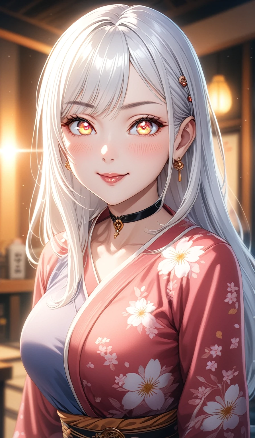 ((One personの女性)), Beautiful Face, (Laughing embarrassedly), (evil smile:1.2),((Wink:2.2)),((tongue out:1.3)), (head tilt:1.3), Laugh with your mouth wide open,((Bright red cheeks:1.4)),Shiny red lips,night,横浜みなとみらいのnight景, firework,Laughing with your mouth open,Glossy pink lips,Facial lighting, ((Anime style background)),masterpiece, Highest quality, so beautiful,up to date, Complex details, (Pink long nails),(ring),(bracelet),(choker),AI-generated, Complex,High resolution, Highest quality, super high quality,3D Images、3D Images,One person,Long blonde hair,High Twintails,(turquoise blue eyes),Anime woman posing for a photo, ((Fine grain、Colorful eyes、Shining Eyes:1.3)), (Squint your eyes:1.1),a hyperRealistic , hyperRealistic , Realistic,Anime woman with long white hair, Smooth anime CG art, 金の刺繍が施differenceれた色鮮やかな着物を着た女性, (Pink long sleeve kimono),Red floral pattern,Long flower hair ornament,Earrings,Mature Body,(Big Breasts:1.1),Tall,Abdominal muscles,Tight waist,(Zoom up to face:1.difference), (front view),