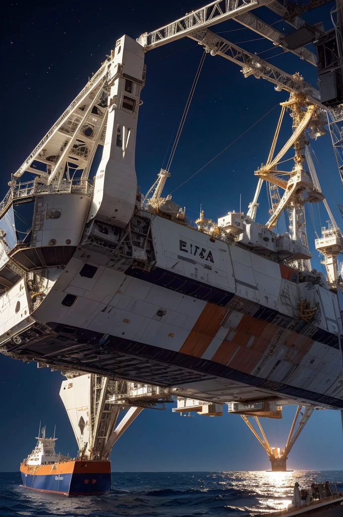 a spacecraft wrapped in truss of an orbital shipyard slip with tugs and EVA astronauts all around repairing it, masterpiece, best, photo realistic shipyard scene