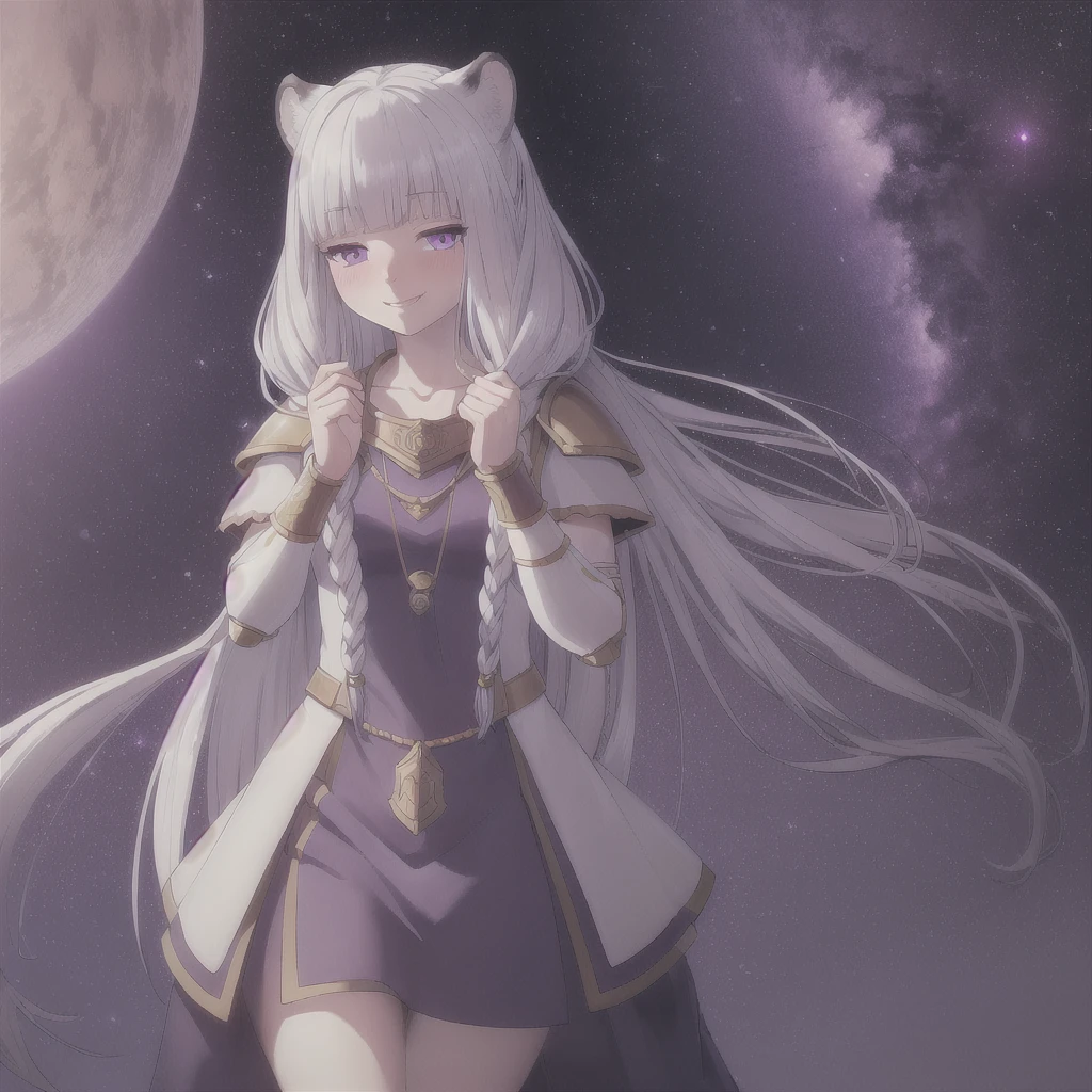 ((masterpiece)), (best quality), (ultra-detailed), photorealistic, (best illustration), ((an extremely delicate and beautiful)), 1girl, solo, long hair, tiger ears, [:tiger tail under:0.2], white hair, two-tone hair, full body, knight armor, crimson glowing details on armor, amulet on neck, Bracelets, crimson crystals in Bracelets, long lilac cape, open eyes, evil purple eyes, looking at viewer, malicious smile, blush, in space, goddess, low twin braids, loosen hair, quiet gesture, white armor, cybernetic armor, hyper detailed space,best illumination, low mask, mouth covered with mask. 