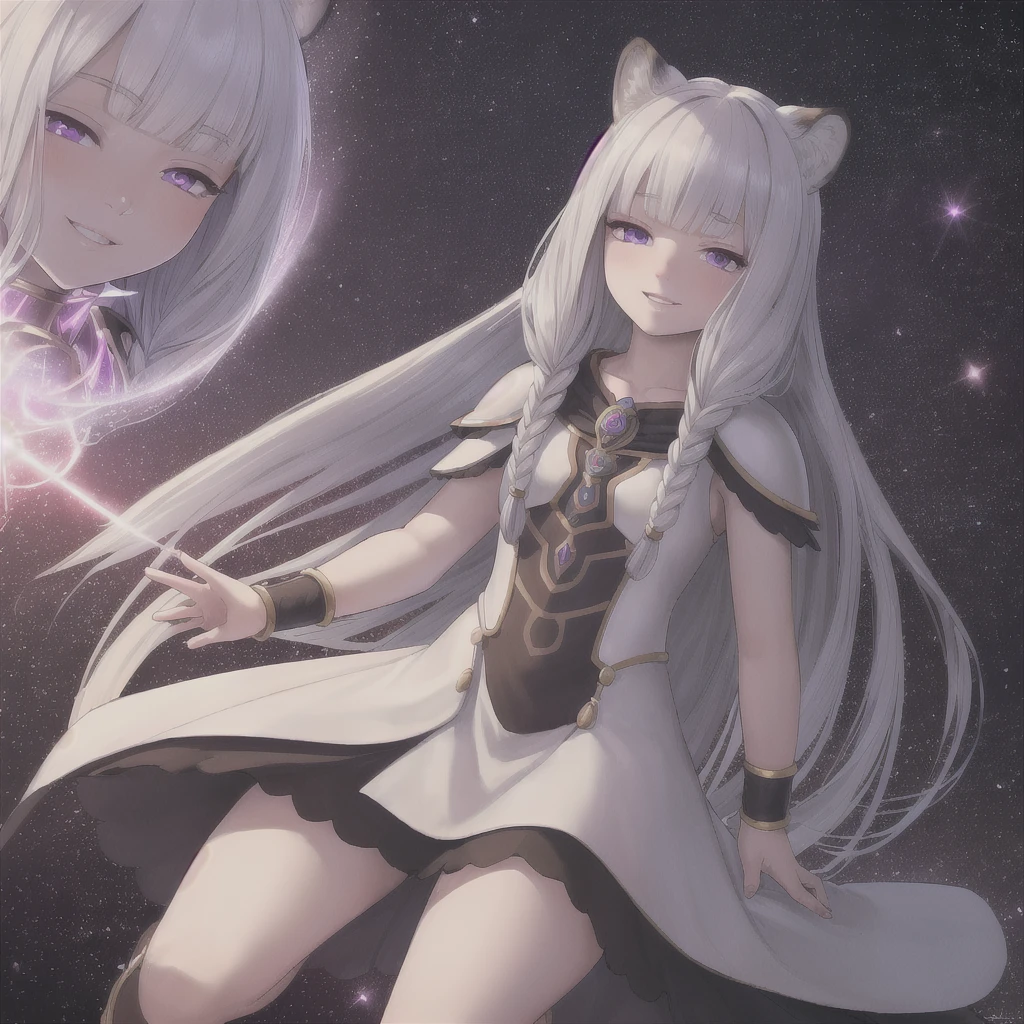 ((masterpiece)), (best quality), (ultra-detailed), photorealistic, (best illustration), ((an extremely delicate and beautiful)), 1girl, solo, long hair, tiger ears, [:tiger tail under:0.2], white hair, two-tone hair, full body, knight armor, crimson glowing details on armor, amulet on neck, Bracelets, crimson crystals in Bracelets, long lilac cape, open eyes, evil purple eyes, looking at viewer, malicious smile, blush, in space, goddess, low twin braids, loosen hair, quiet gesture, white armor, cybernetic armor, hyper detailed space,best illumination, low mask, mouth covered with mask. 