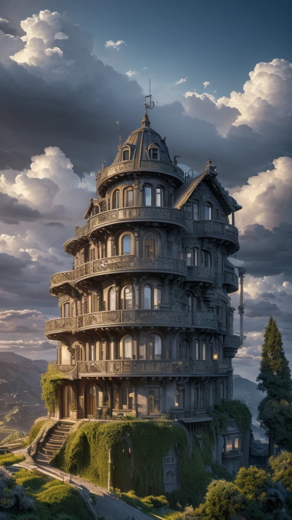 a surreal house without doors on a hill, roof made of clouds, silver fish in the windows, old clock in front, (best quality,4k,8k,highres,masterpiece:1.2),ultra-detailed,(realistic,photorealistic,photo-realistic:1.37),detailed landscape,cinematic lighting,vibrant colors,intricate architecture,fantastical elements,dreamlike atmosphere