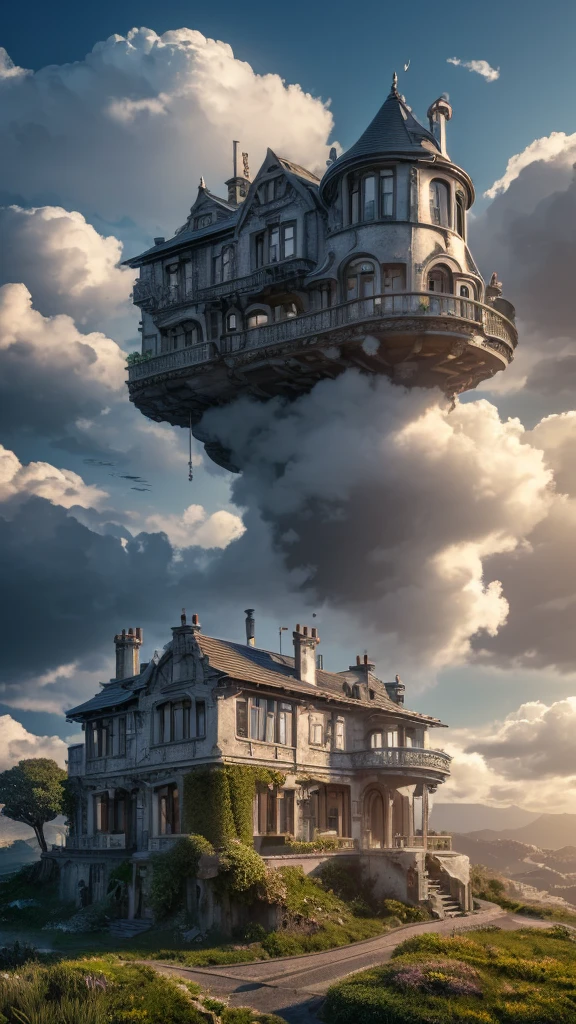 a surreal house without doors on a hill, roof made of clouds, silver fish in the windows, old clock in front, (best quality,4k,8k,highres,masterpiece:1.2),ultra-detailed,(realistic,photorealistic,photo-realistic:1.37),detailed landscape,cinematic lighting,vibrant colors,intricate architecture,fantastical elements,dreamlike atmosphere