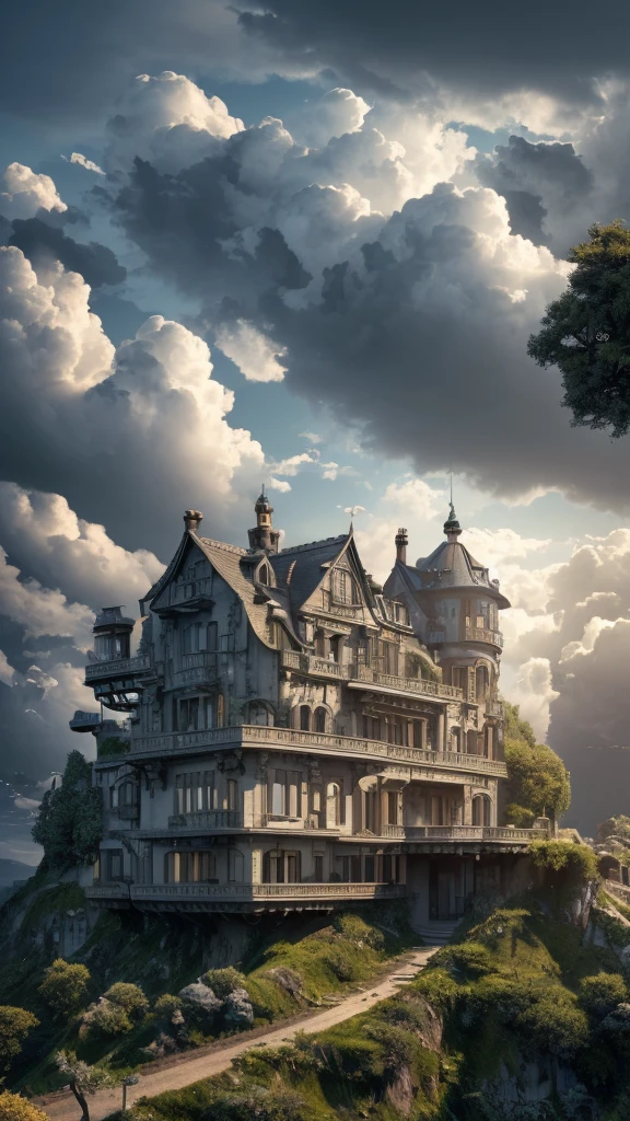 a surreal house without doors on a hill, roof made of clouds, silver fish in the windows, old clock in front, (best quality,4k,8k,highres,masterpiece:1.2),ultra-detailed,(realistic,photorealistic,photo-realistic:1.37),detailed landscape,cinematic lighting,vibrant colors,intricate architecture,fantastical elements,dreamlike atmosphere