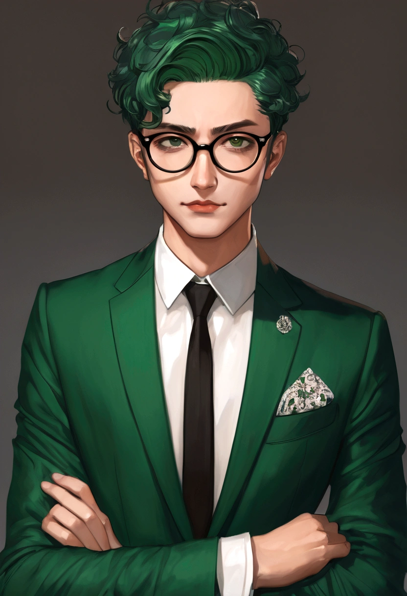 Dark Green short hair, Smug, Boy in suit, Glasses,