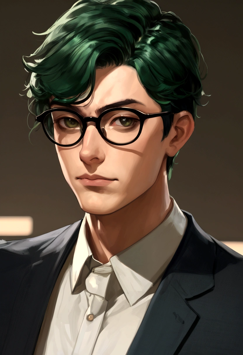 Dark Green short hair, Smug, Boy in suit, Glasses, 