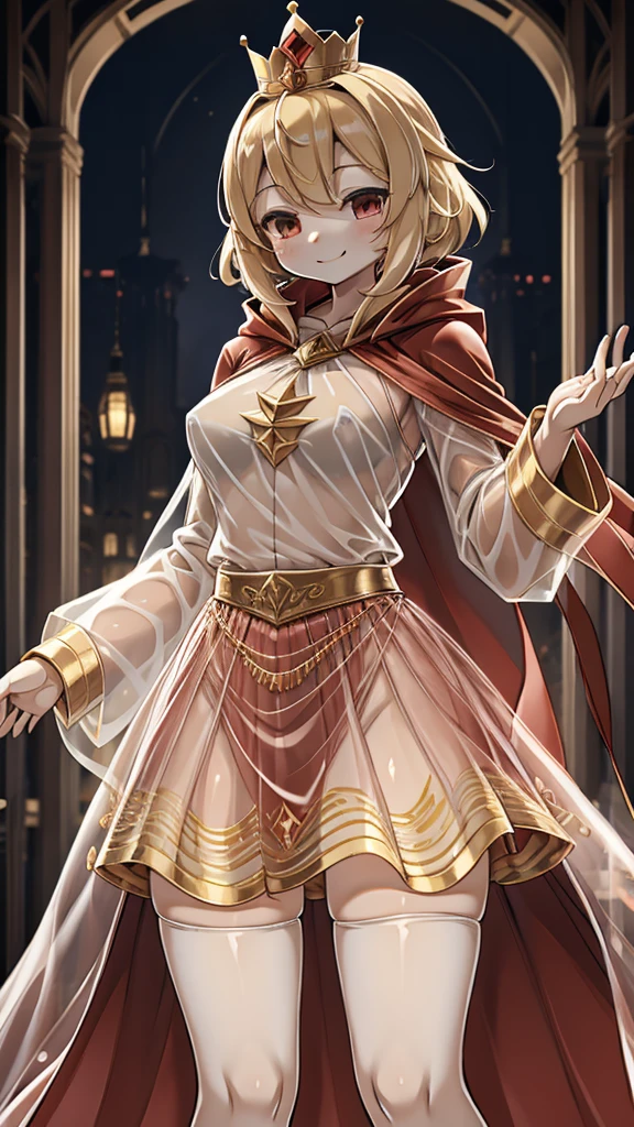 Queen，Innocent expression，Innocent smile，crown，redcloak，Blonde， red，redcloak，cloak，Transparent skirt，Transparent textured skirt，Transparent textured skirt，Transparent shirt，Transparent coat，Transparent coat，Transparent coat，Translucent raincoat，Bottom lining，内衬搭配Transparent coat，半Transparent coat，No nsfw content，Review，Transparent coat，Transparent textured skirt，内容Review