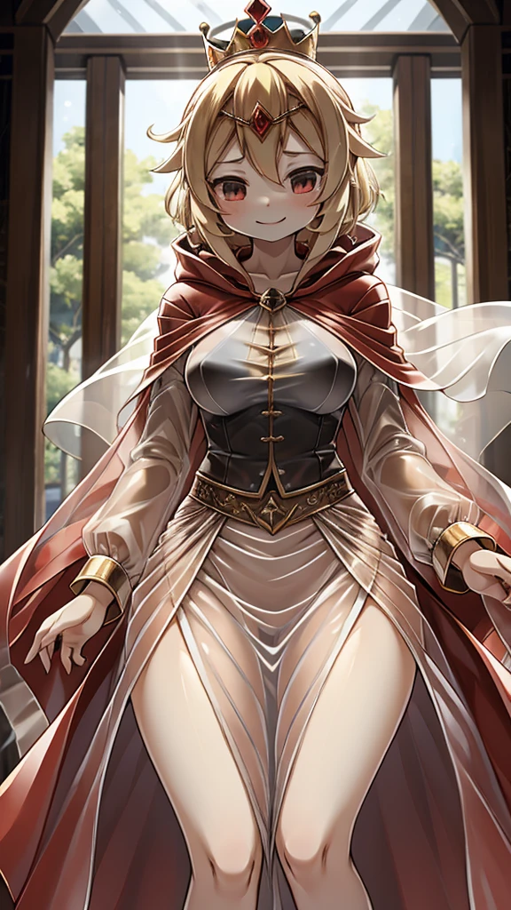 Queen，Innocent expression，Innocent smile，crown，redcloak，Blonde， red，redcloak，cloak，Transparent skirt，Transparent textured skirt，Transparent textured skirt，Transparent shirt，Transparent coat，Transparent coat，Transparent coat，Translucent raincoat，Bottom lining，内衬搭配Transparent coat，半Transparent coat，No nsfw content，Review，Transparent coat，Transparent textured skirt，内容Review