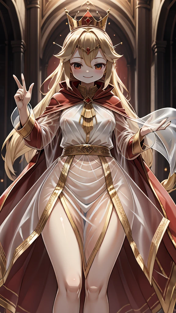 Queen,Innocent expression,Innocent smile,crown,redcloak,Blonde, red,redcloak,cloak,Transparent skirt,Transparent textured skirt,Transparent textured skirt,Transparent shirt,Transparent coat,Transparent coat,Transparent coat,Translucent raincoat,Bottom lining,内衬搭配Transparent coat,半Transparent coat,No nsfw content,Review,Transparent coat,Transparent textured skirt,内容Review