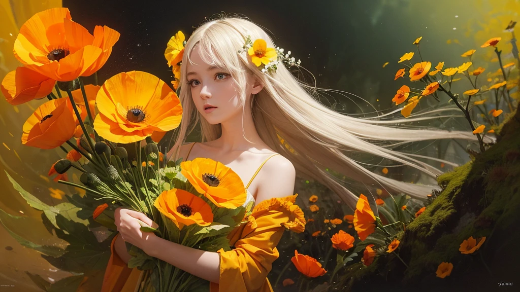 32k, Masterpiece, Highest quality, One girl, Detailed eyes, flower,Iceland Poppy, Orange and yellow style,A dreamy, romantic piece,Pale yellow, Mysterious Leaves,A playful arrangement,Fantasy,High Contrast,Ink strokes,explosion,Exposure, Impression of orange and yellow tones,Abstract,((Watercolours by John Berkey and Jeremy Mann )) Brush strokes,Negative Space, Tyndall effect,