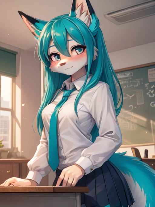 Miku Hatsune x vixen student costume, whole body, best high definition lighting, blushing face add_detail:1, Classroom, begins to unbutton her blouse add_detail:1, open blouse, parciality open blouse add_detail:1, She lifts her skirt with both hands and you can see her panties and vagina add_detail:3, sensual pose, parciality nude add_detail:3