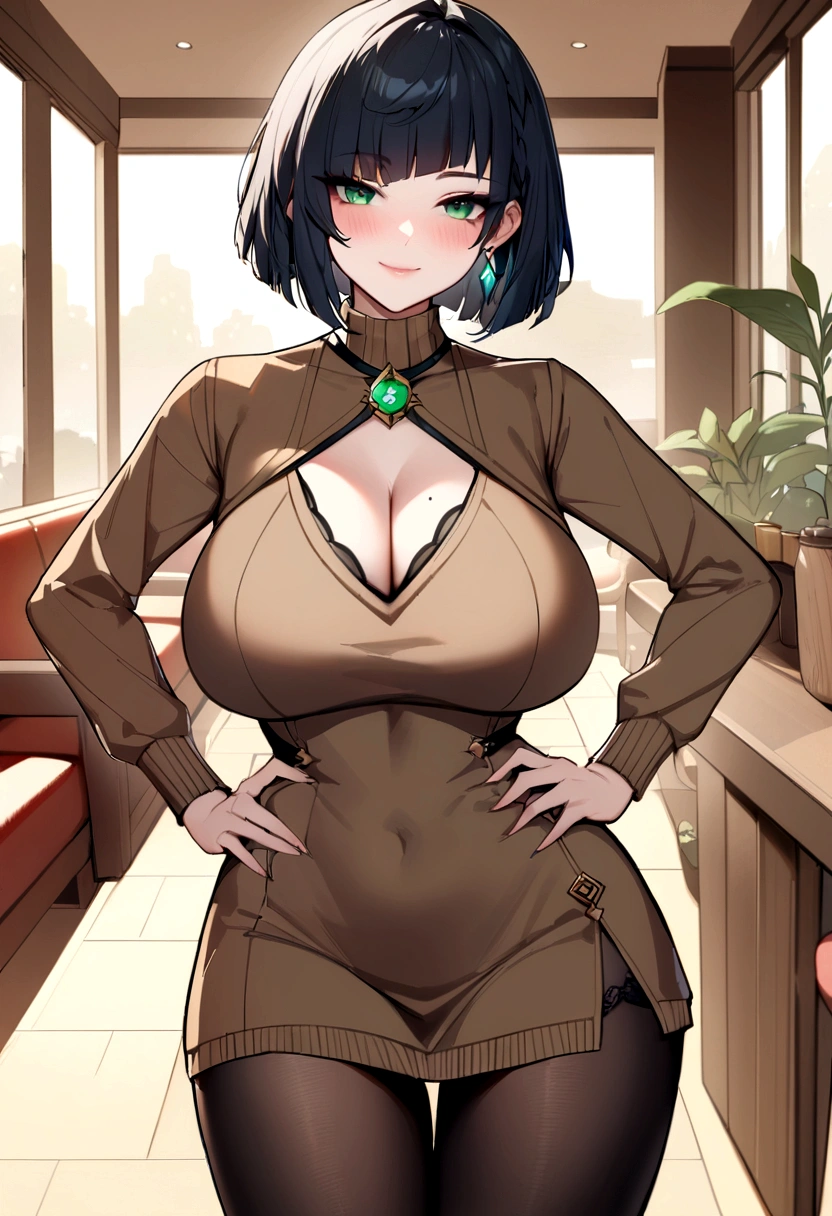 Masterpiece, Best Quality, yelanv4, 1 girl, Alone, looking at the viewer, blush, SMILE, big breasts, neckline, green eyes, ((Brown sweater, black tights, ankle Boots, Boots:1.3)), Sofa, Café, holding the cup, ((hands on hip)), pelvic curtain, mole on chest, vision (genshin impact), cowboy shot