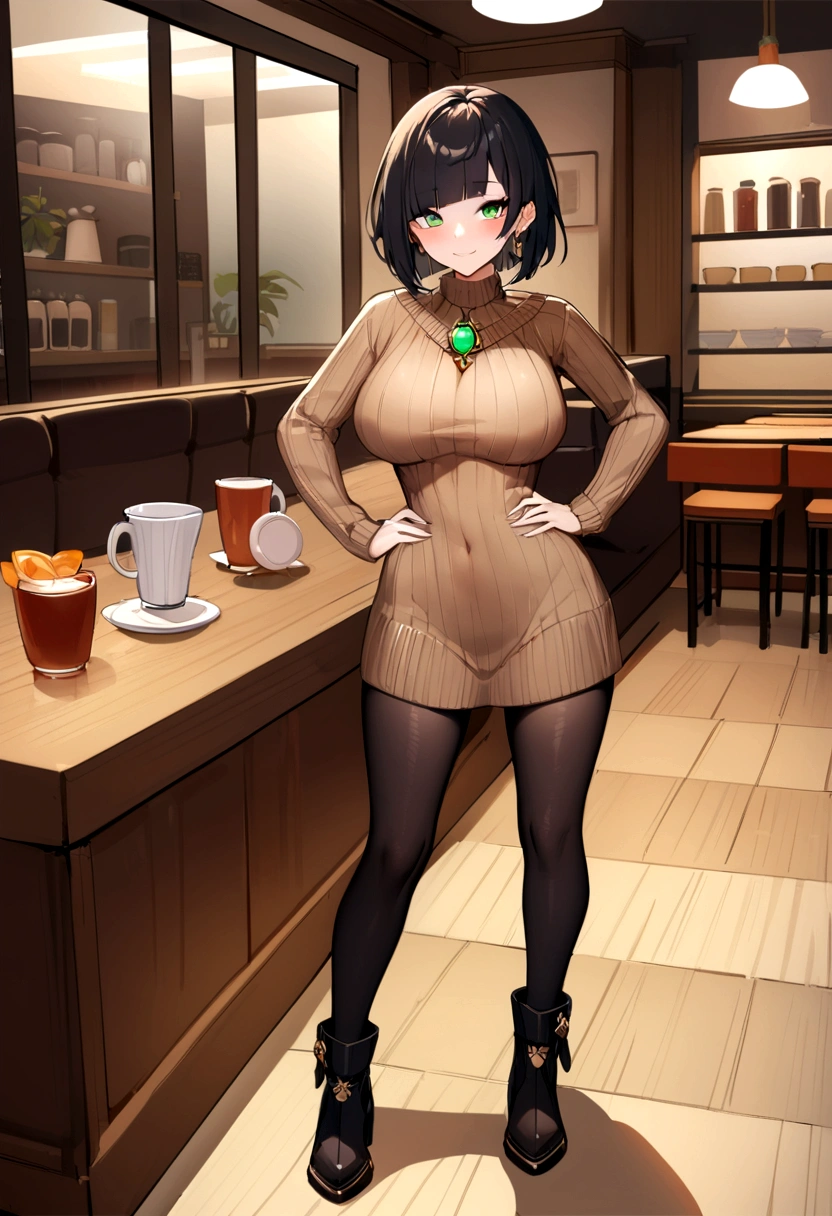 Masterpiece, Best Quality, yelanv4, 1 girl, Alone, looking at the viewer, blush, SMILE, big breasts, neckline, green eyes, ((Brown sweater, black tights, ankle Boots, Boots:1.3)), Sofa, Café, holding the cup, ((hands on hip)), pelvic curtain, mole on chest, vision (genshin impact), cowboy shot