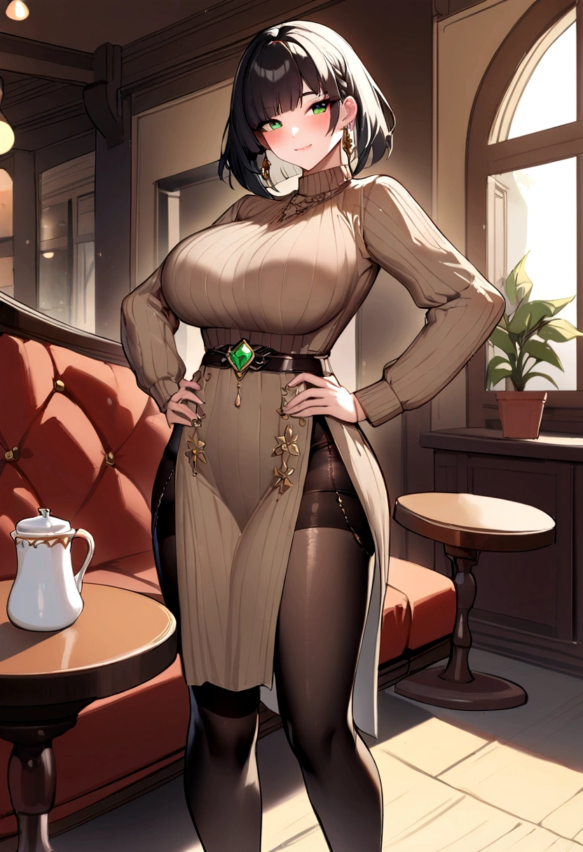 Masterpiece, Best Quality, yelanv4, 1 girl, Alone, looking at the viewer, blush, SMILE, big breasts, neckline, green eyes, ((Brown sweater, black tights, ankle Boots, Boots:1.3)), Sofa, Café, holding the cup, ((hands on hip)), pelvic curtain, mole on chest, vision (genshin impact), cowboy shot