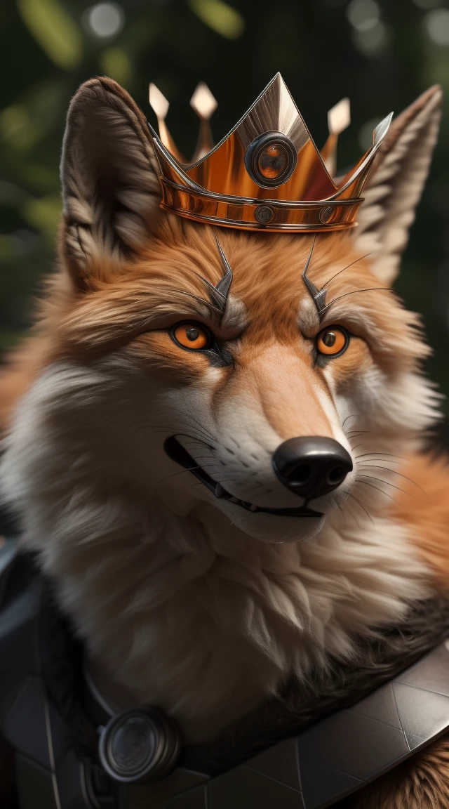 (better quality,16K,32k,highres,master piece:1.2),ultra detali,(realistic,fotorrealistic,photo-realistic:1.37),(an orange and white fox) looking at the viewer seductive expression with cute face a realistic background bright orange eye A cunning villain pose with (shiny crown) expression of serious courageous and confident and cunning