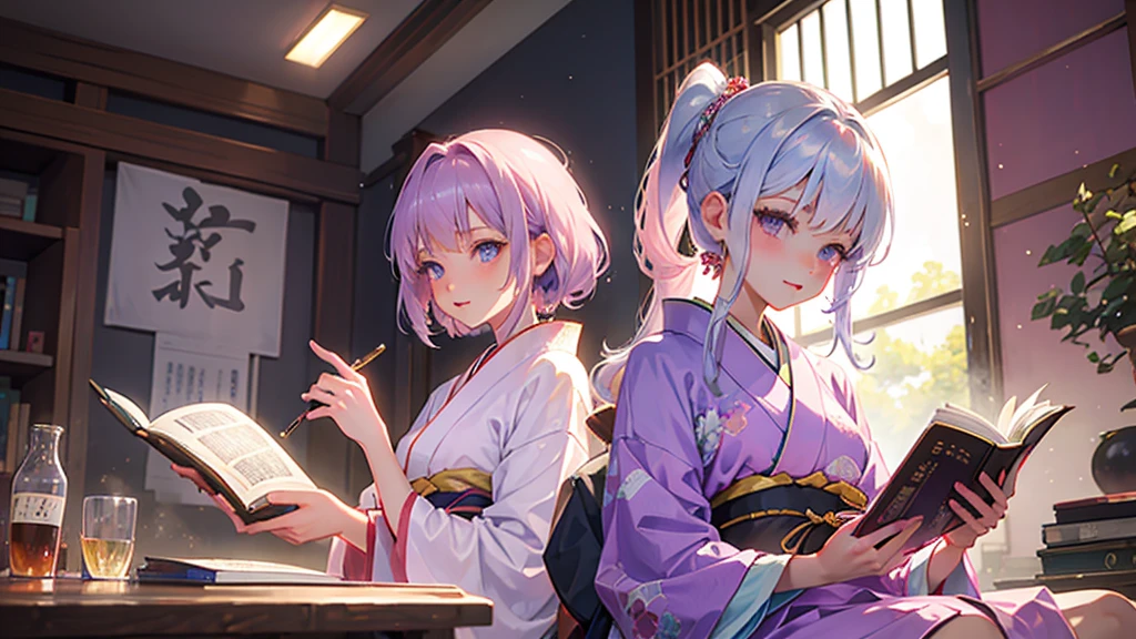 woman clear Light purple hair kimono Anime Style reading literature Study