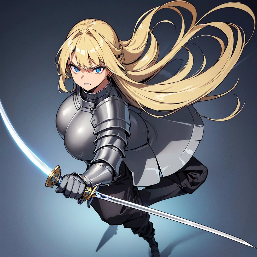 (((Solo)))、(Full body character concept)、Highest quality, Best Quality、(((Gray simple armor、Black trousers))、(woman、18-year-old)、(Blonde、Long Hair)、(Simple Background)、(get annoyed、Grit your teeth)、(From below)、Glowing blue aura、(Grab the sword、Ready your sword)、Movement angle、(From above at an angle)