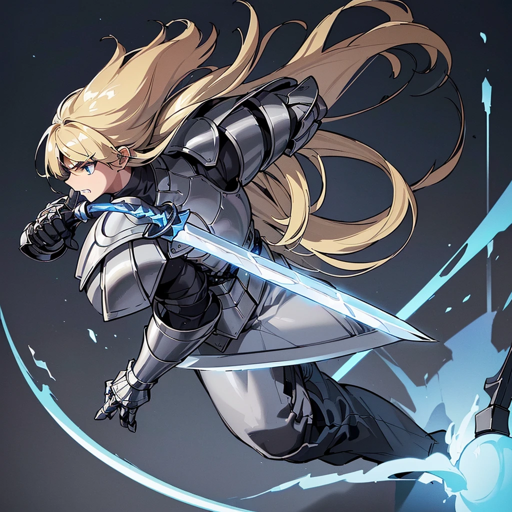 (((Solo)))、(Full body character concept)、Highest quality, Best Quality、(((Gray simple armor、Black trousers))、(woman、18-year-old)、(Blonde、Long Hair)、(Simple Background)、(get annoyed、Grit your teeth)、(From below)、Glowing blue aura、(Grab the sword、Ready your sword)、Movement angle、(From above at an angle)