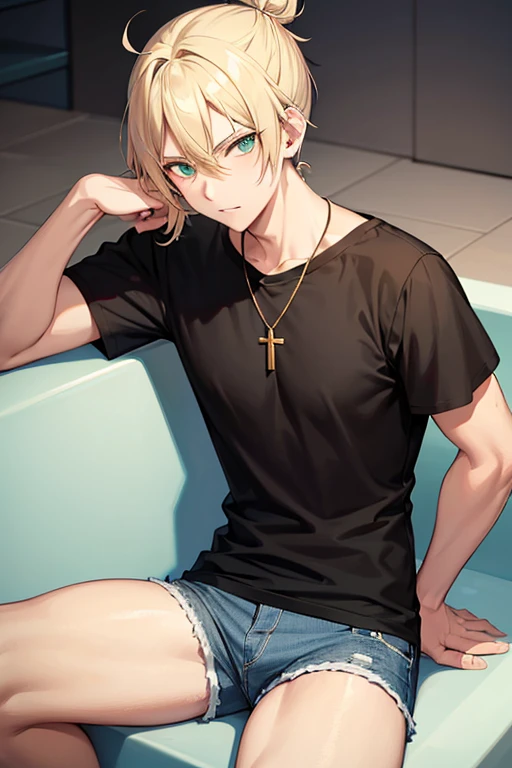 Anime boy, male, neutral expression, with blonde hair tied in a bun, green eyes, black T-shirt, blue jean shorts, gold cross necklace, sitting in bathtub