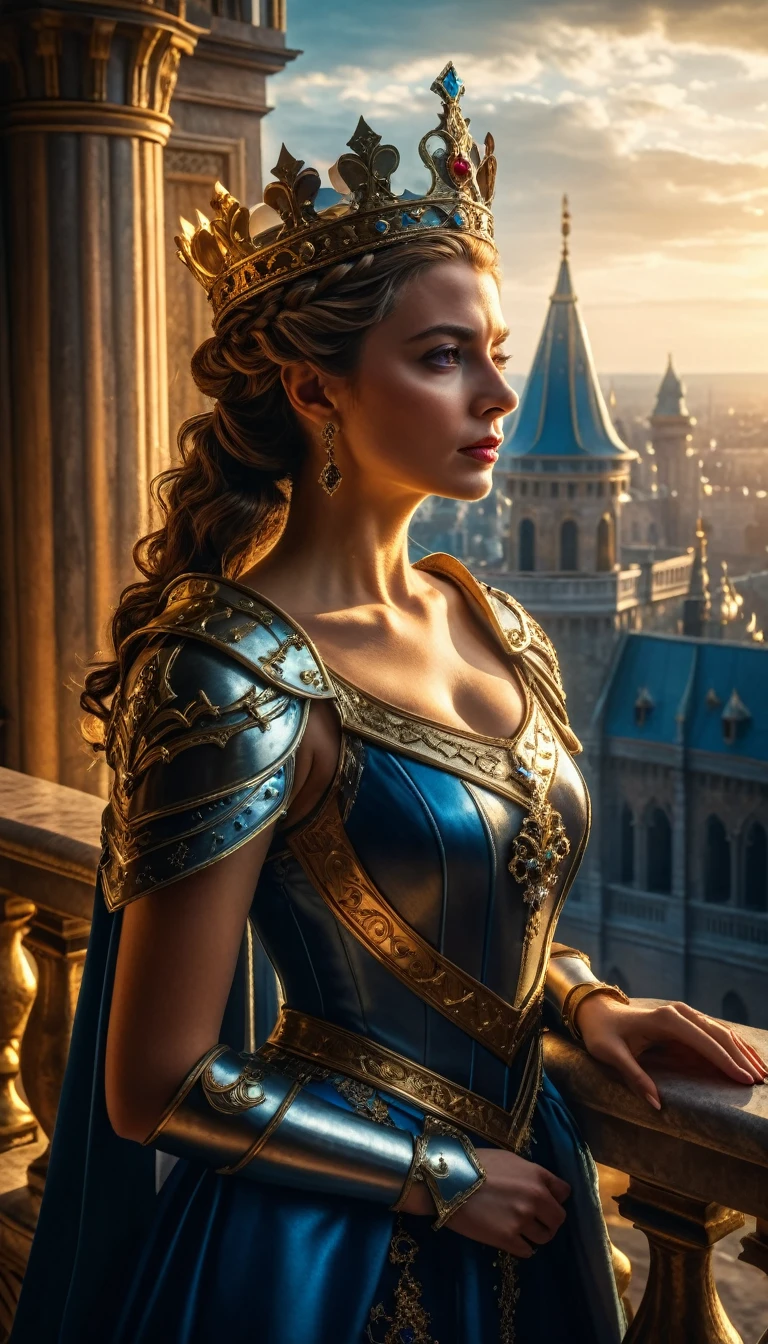 a rich and ruthless fantasy kingdom, the queen looking down at the city from the palace balcony, beautiful and dignified woman in a dress with pieces of armor attached, crown on her head, dramatic lighting, cinematic composition, dramatic colors, dramatic atmosphere, photorealistic, 8k, high quality