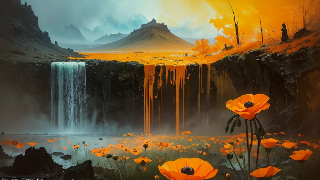 32k, Masterpiece, Highest quality, One girl, Detailed eyes, flower,Iceland Poppy, Orange and yellow style,A dreamy, romantic piece,Pale yellow, Mysterious Leaves,A playful arrangement,Fantasy,High Contrast,Ink strokes,explosion,Exposure, Impression of orange and yellow tones,Abstract,((Watercolours by John Berkey and Jeremy Mann )) Brush strokes,Negative Space, Tyndall effect,