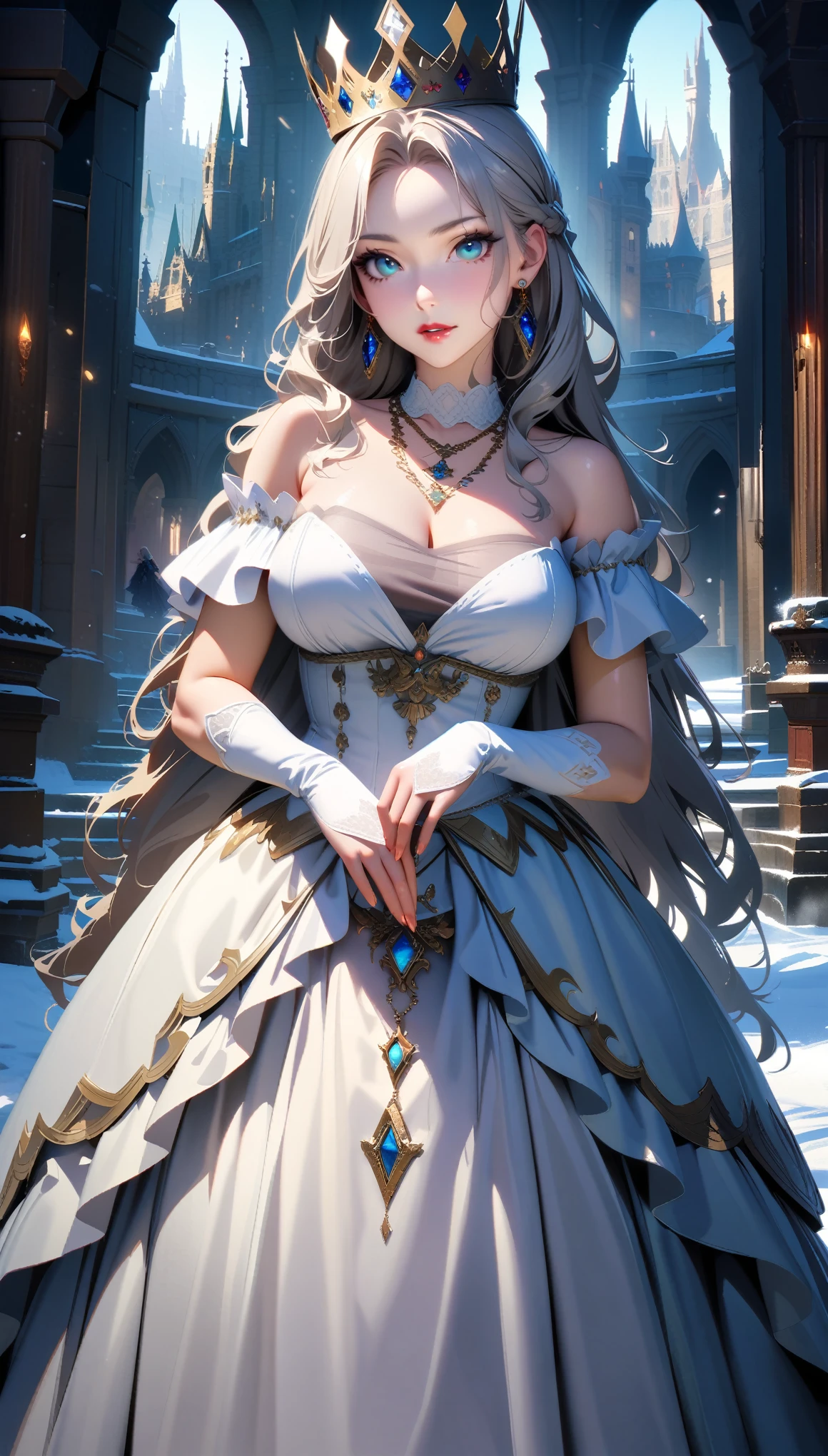 proud woman, detailed face,swollen lips, realistic skin texture, Wearing dazzling folds (french silk ball gown,frills, trace, and a bow, hand embroidered bodice. ), realistic, (((fantasy))), artwork, frozen rose garden, magical ice castle, winter, (cool blue color in many shades), (it's snowing:1.3), Art of Artgerm と Ruan Jia , HDR, , and interesting background