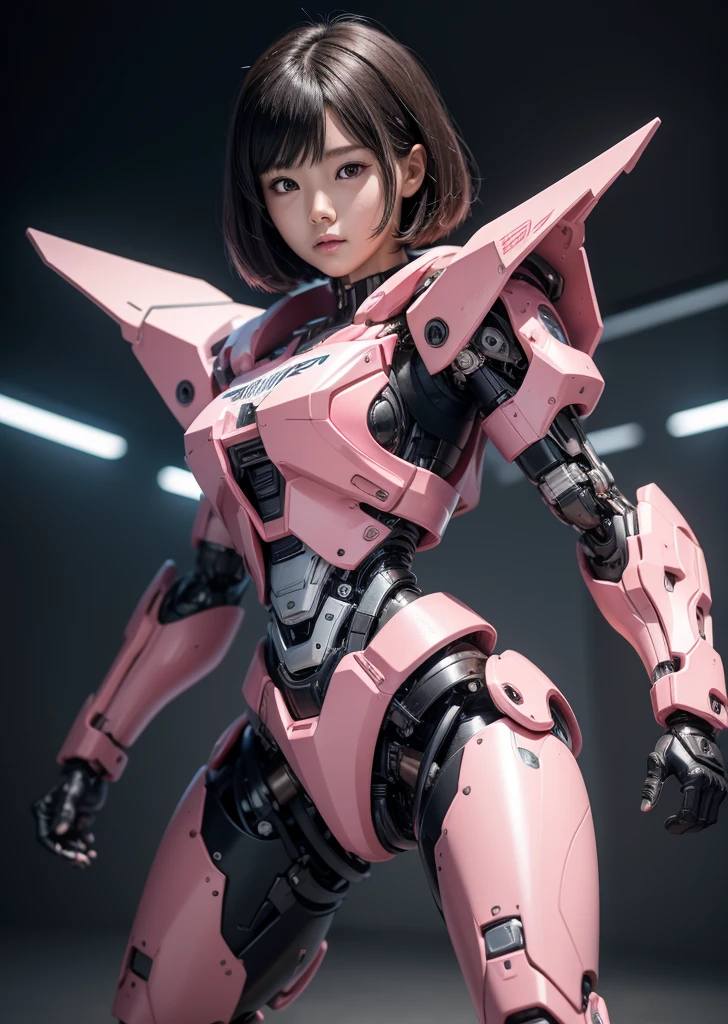 Textured skin, Super detailed, Attention to detail, high quality, 最high quality, High resolution, 1080P, hard disk, beautiful,(Terminator),beautifulサイボーグ女性,Pink Mecha Cyborg Girl,Battle Mode,Girl with a mechanical body,She is wearing a combat cyborg mech with weapons,Full Body Shot bare hands Short Hair Boyish Brown eyes Black Hair Kindergarten girl