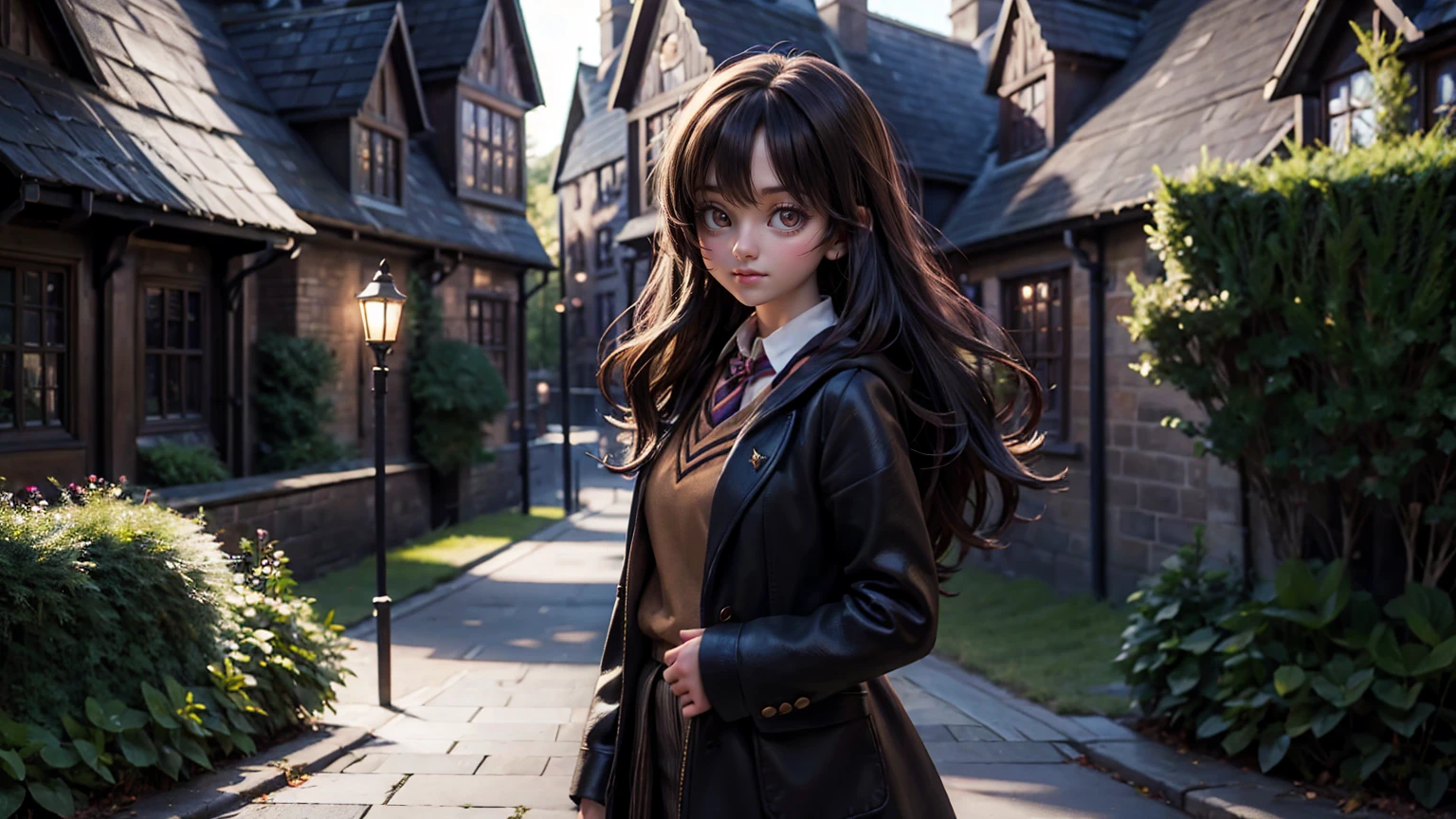 cute girl standing at outside the harry potter school, full view background of harry potter school, harry potter school, 