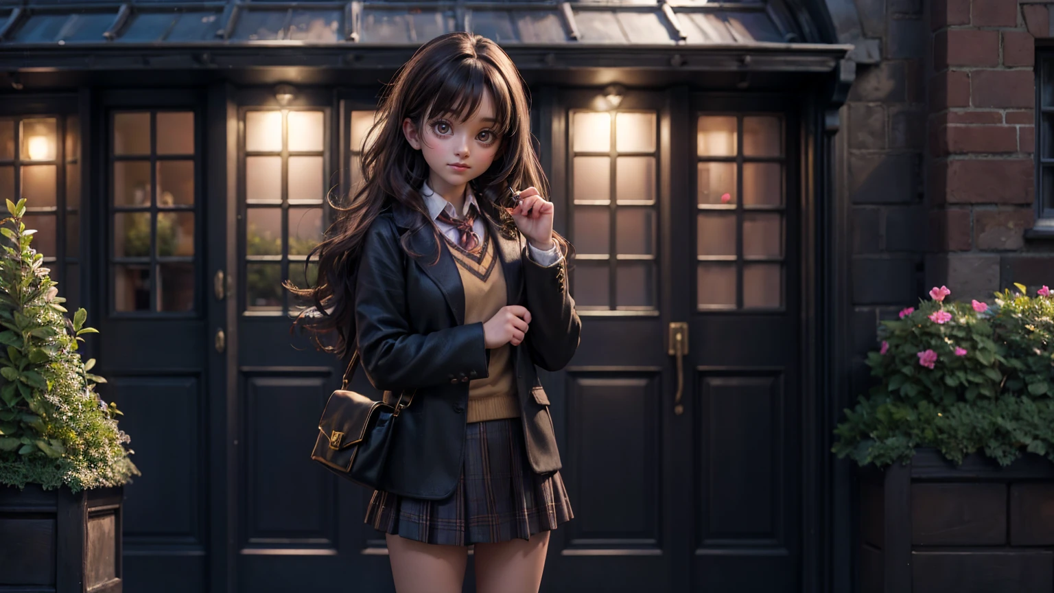 cute face girl, standing pose outside the harry potter school, full view of harry potter school,