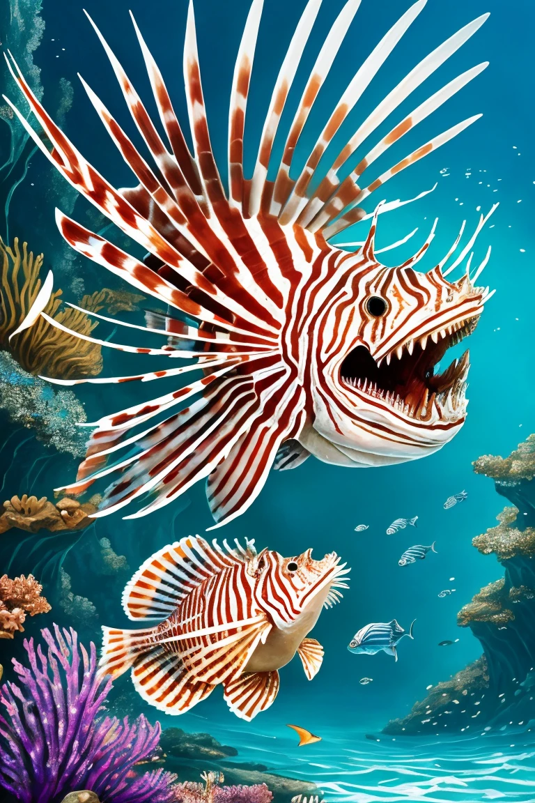 painting of a lionfish attacking a fish in the ocean, scary sea monster, underwater sea monster, serpentine water monster, sea monster, scylla and charybdis, sea serpent, sea monsters, amazingly detailed d & d art, aquatic creature, paleoart, great leviathan, magic : the gathering art, magic the gathering art
