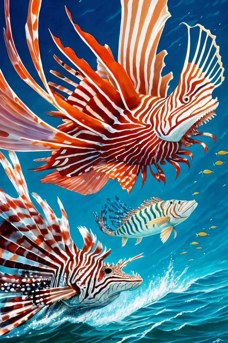 painting of a lionfish attacking a fish in the ocean, scary sea monster, underwater sea monster, serpentine water monster, sea monster, scylla and charybdis, sea serpent, sea monsters, amazingly detailed d & d art, aquatic creature, paleoart, great leviathan, magic : the gathering art, magic the gathering art