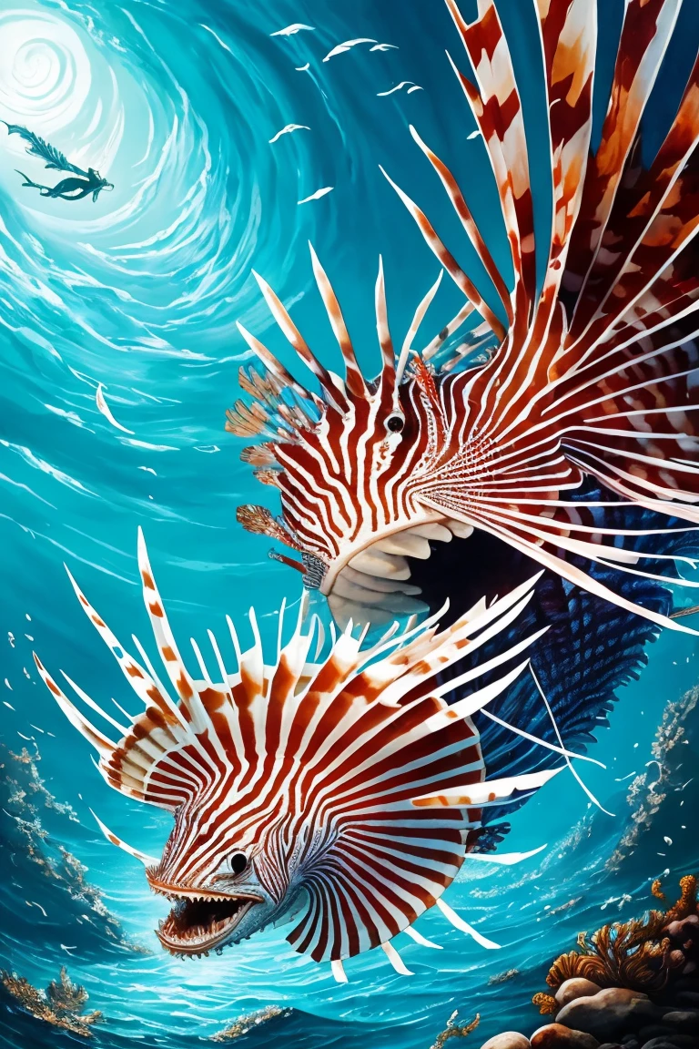 painting of a lionfish attacking a fish in the ocean, scary sea monster, underwater sea monster, serpentine water monster, sea monster, scylla and charybdis, sea serpent, sea monsters, amazingly detailed d & d art, aquatic creature, paleoart, great leviathan, magic : the gathering art, magic the gathering art