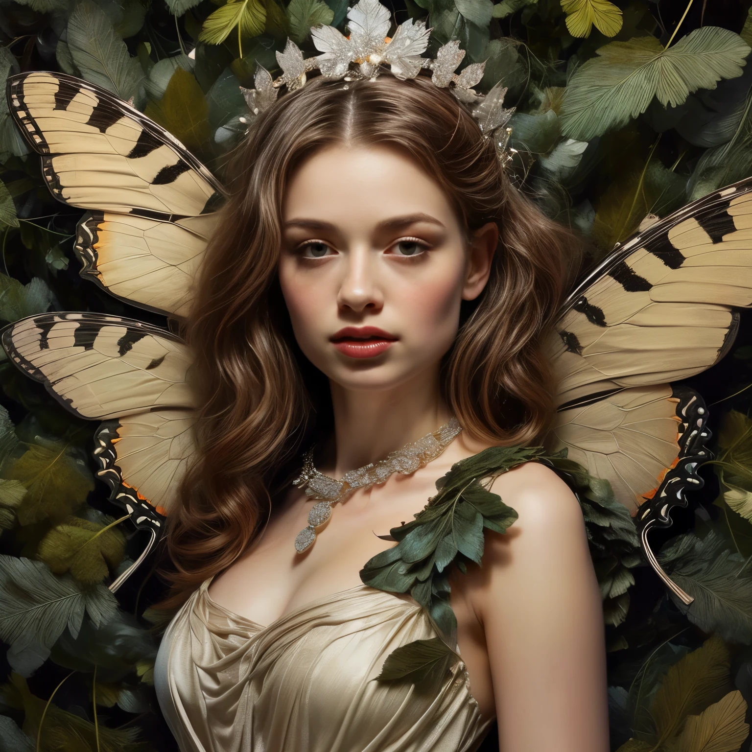 Half Body Portrait、high quality、8K、Realistic、masterpiece、Very detailed、Cinema Lighting、dramatic、ether、elegant、Titania, (Graceful fairy queen、Elegant Elven Queen)、Pointed Ears:1.0、Proud、Dignity、style、Stunningly beautiful、(An organic and elegant platinum crown)、Luxurious jeweled necklace、(An exquisite, elegant and graceful long dress made of leaves:1.7)、(Exquisite long gloves of leaves）、(It has large swallowtail butterfly wings growing on its back.:1.4)、Ideal ratio、Intricate details、Fantasy、mysterious、Ornate headdress、Shining Aura、Gentle smile、Bright colors、Chiaroscuro lighting、Correct Anatomy、Looking into the camera