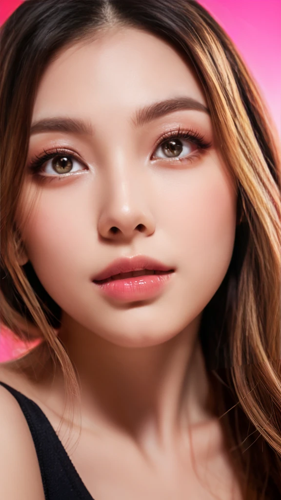 (32k, High resolution, High resolution), ((((photograph, RAWphotograph, Hyperrealism, masterpiece, Highest quality, ultra High resolution,Japanese)))), (Pin Light, Backlight, Backlight, Cinematic Light), Sharp focus:1. 4, (Hyper Detail, In detail), close, One 20-year-old girl, Oval Face, smile,big, Beautiful cat-like eyes, Cute Button Nose, Small and fairly full lips, Thick eyebrows and long, beautiful eyelashes. Transparent throughout makeup, Apply a touch of pink to your cheeks、Dark eyeliner,Deep red lip gloss for a sparkling look,Blonde short perm hair.Night Background.