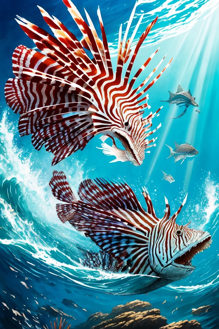painting of a lionfish attacking a fish in the ocean, an illustration of by Greg Rutkowski, trending on cgsociety, fantasy art, scary sea monster, underwater sea monster, serpentine water monster, sea monster, scylla and charybdis, sea serpent, sea monsters, amazingly detailed d & d art, aquatic creature, paleoart, great leviathan