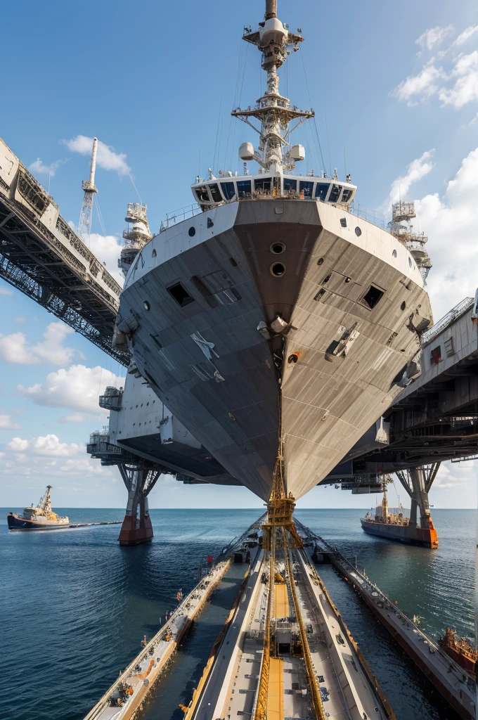 a spacecraft wrapped in truss of an space shipyard drydock with tugs and EVA astronauts all around repairing it, masterpiece, best, photo realistic shipyard scene