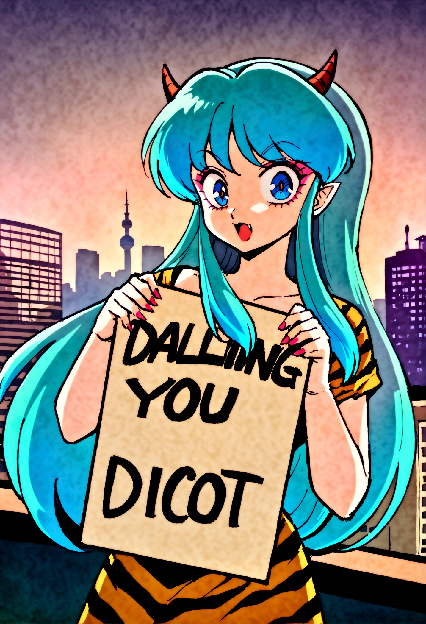 score_9, score_8_up, score_7_up, lum, retro artstyle, 1980s style, blue eyes, eyeshadow, green hair, long hair, horns, bangs, aqua hair, dynamic angle, large round clear aviator glasses, (holding a sign with, text as "DARLING, you idiot!", style_bebas:1.2), looks at the viewer menacingly, aim your hands at the viewer, shoots lightning at the viewer, shocks the viewer with electricity, bares her fangs, Revolving Restaurant, China Central Television Tower, Beijing background, ExpressiveH