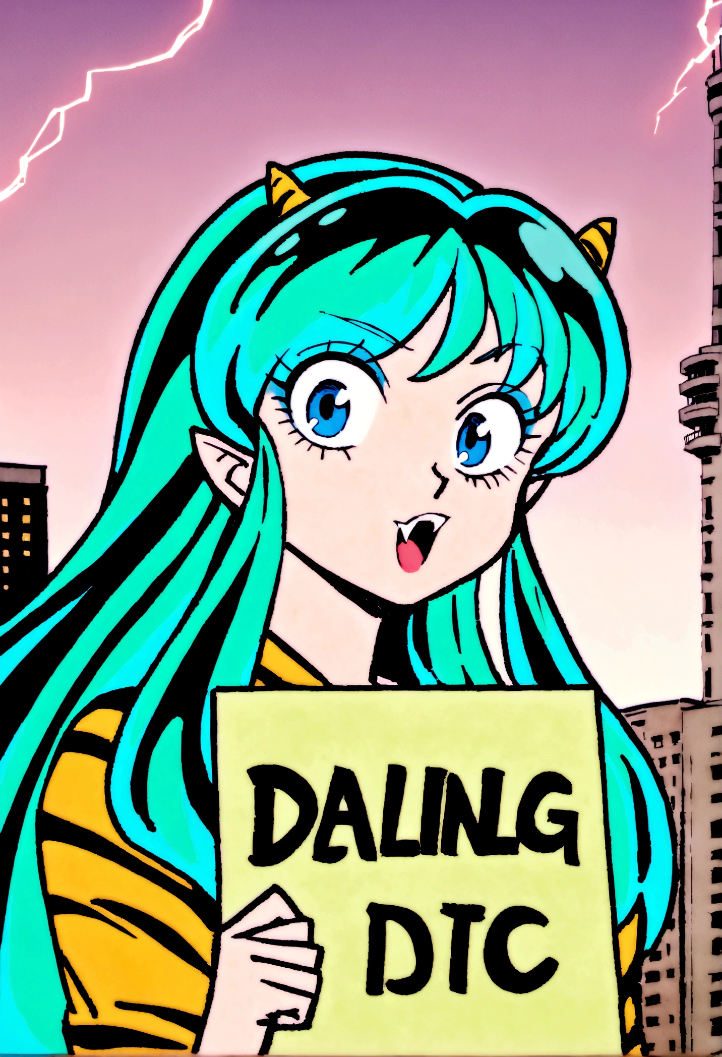 score_9, score_8_up, score_7_up, lum, retro artstyle, 1980s style, blue eyes, eyeshadow, green hair, long hair, horns, bangs, aqua hair, dynamic angle, large round clear aviator glasses, (holding a sign with, text as "DARLING, you idiot!", style_bebas:1.2), looks at the viewer menacingly, aim your hands at the viewer, shoots lightning at the viewer, shocks the viewer with electricity, bares her fangs, Revolving Restaurant, China Central Television Tower, Beijing background, ExpressiveH