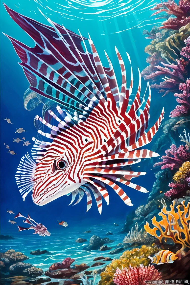 painting of a lionfish attacking a fish in the ocean, scary sea monster, underwater sea monster, serpentine water monster, sea monster, scylla and charybdis, sea serpent, sea monsters, amazingly detailed d & d art, aquatic creature, paleoart, great leviathan, magic : the gathering art, magic the gathering art
