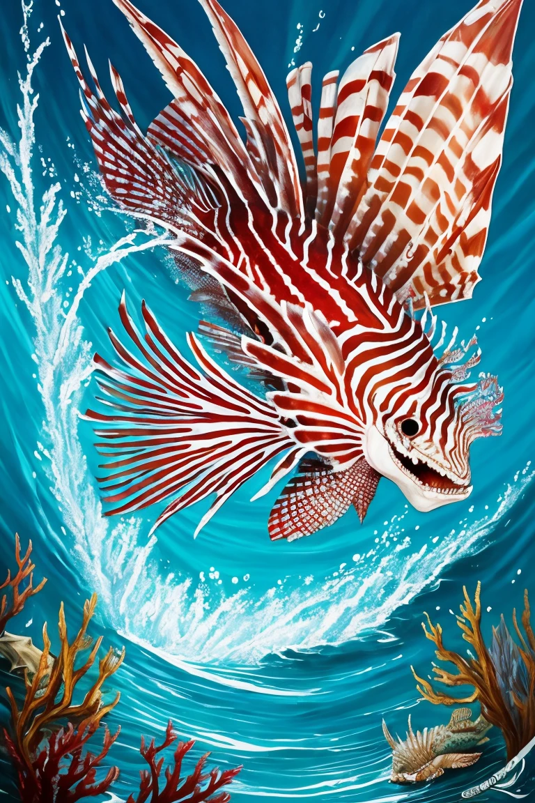 painting of a lionfish attacking a fish in the ocean, scary sea monster, underwater sea monster, serpentine water monster, sea monster, scylla and charybdis, sea serpent, sea monsters, amazingly detailed d & d art, aquatic creature, paleoart, great leviathan, magic : the gathering art, magic the gathering art
