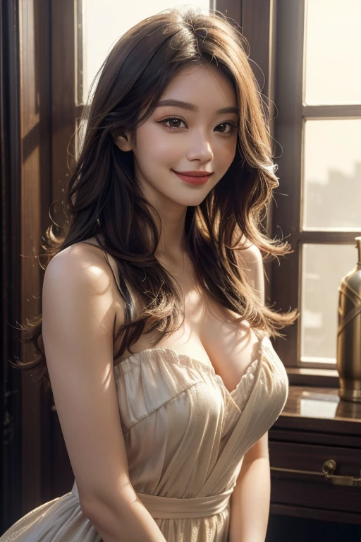 (HighestQuality, 8K,32k,masterpiece, UHD:1.2),Highly detailed CG Unity 8K wallpaper,intricate details,Raw photo,(realistic:1.4),atmosphere,ultra high resolution,genuineistic,genuine,Huge_file size,incredibly absurd,(in the center:1.3),ultra illustration,(Super detailed),dramatic lighting,different colors,written boundary depth,art:Krenz Kushart,golden hour lighting,Photographed with Canon EOS,SIGMA art lens 35mm F1.4,ISO200 Shutter speed 2000,blurred background,
break,
1 girl,(smile:1.4),because I'thin,(Straight long hair with see-through bangs,:1.4),alone,ars old Japanese beauty, (only white lace apron:1.5),(light brown hair:1.5),((brown eyes)),largechest,chest, Soft white skin that shines in every detail,pale skin,very beautiful face,very well-shaped face,natural and realistic face,Highest,fine and beautiful eyes,impressive, Big eyes,fine eyes, smile, smile with your mouth closed, detailed mouth,lip details,glossy beautiful lips,glossy lips,simple earrings,necklace,jewelry, apron naked, alone focus,low neckline,
break,
light from the front,nice,Are standing,sensual expression,sunshine, break,
(Dutchangle:1.4),looking at the viewer,
break,Tzuyu,Yui Aragaki,
