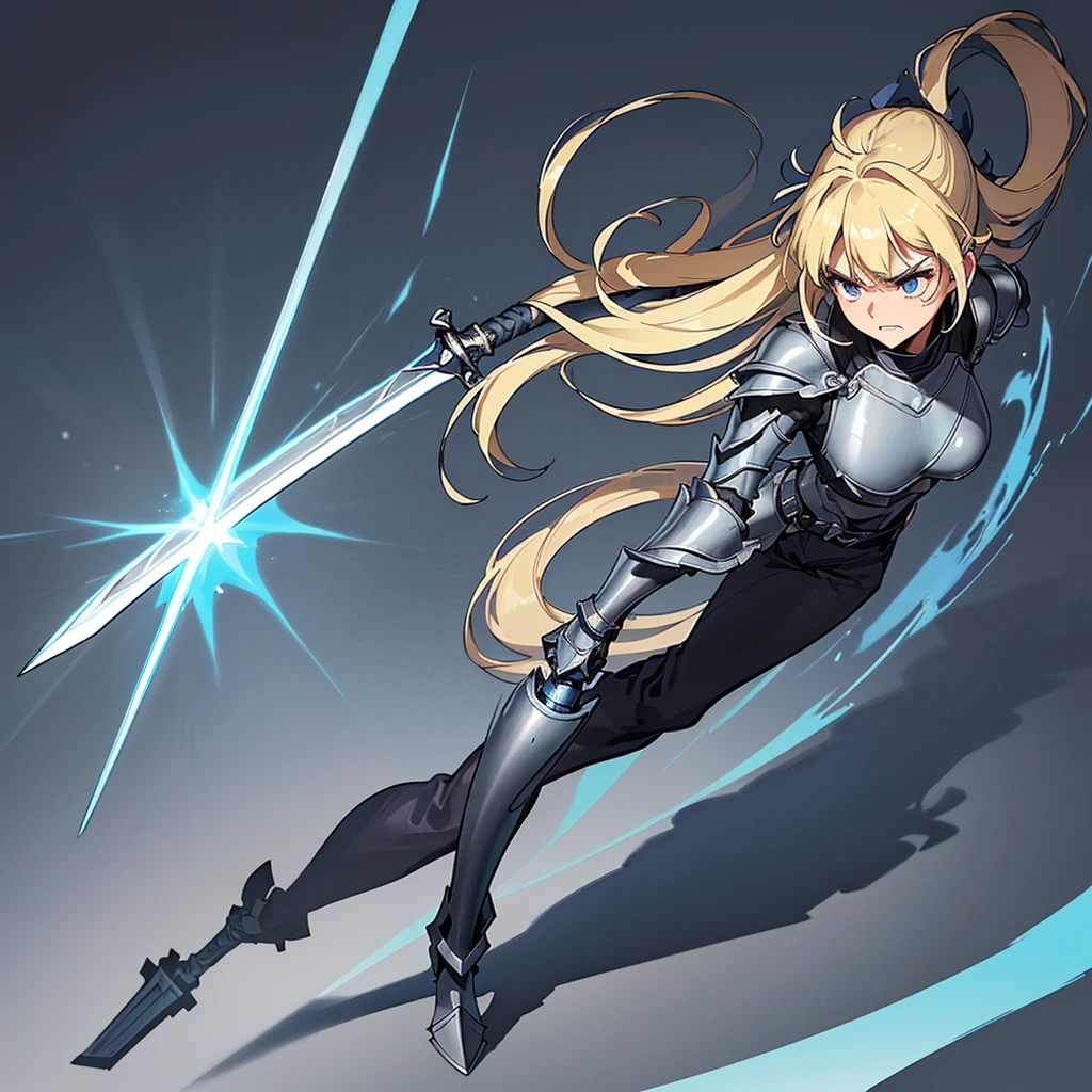 (((Solo)))、(Full body character concept)、Highest quality, Best Quality、(((Gray simple armor、Black trousers))、(woman、18-year-old)、(Blonde、Long Hair)、(Simple Background)、(get annoyed、Grit your teeth)、(From below)、Glowing blue aura、(sword、Deathblow、flash)、Movement angle、(From above at an angle)