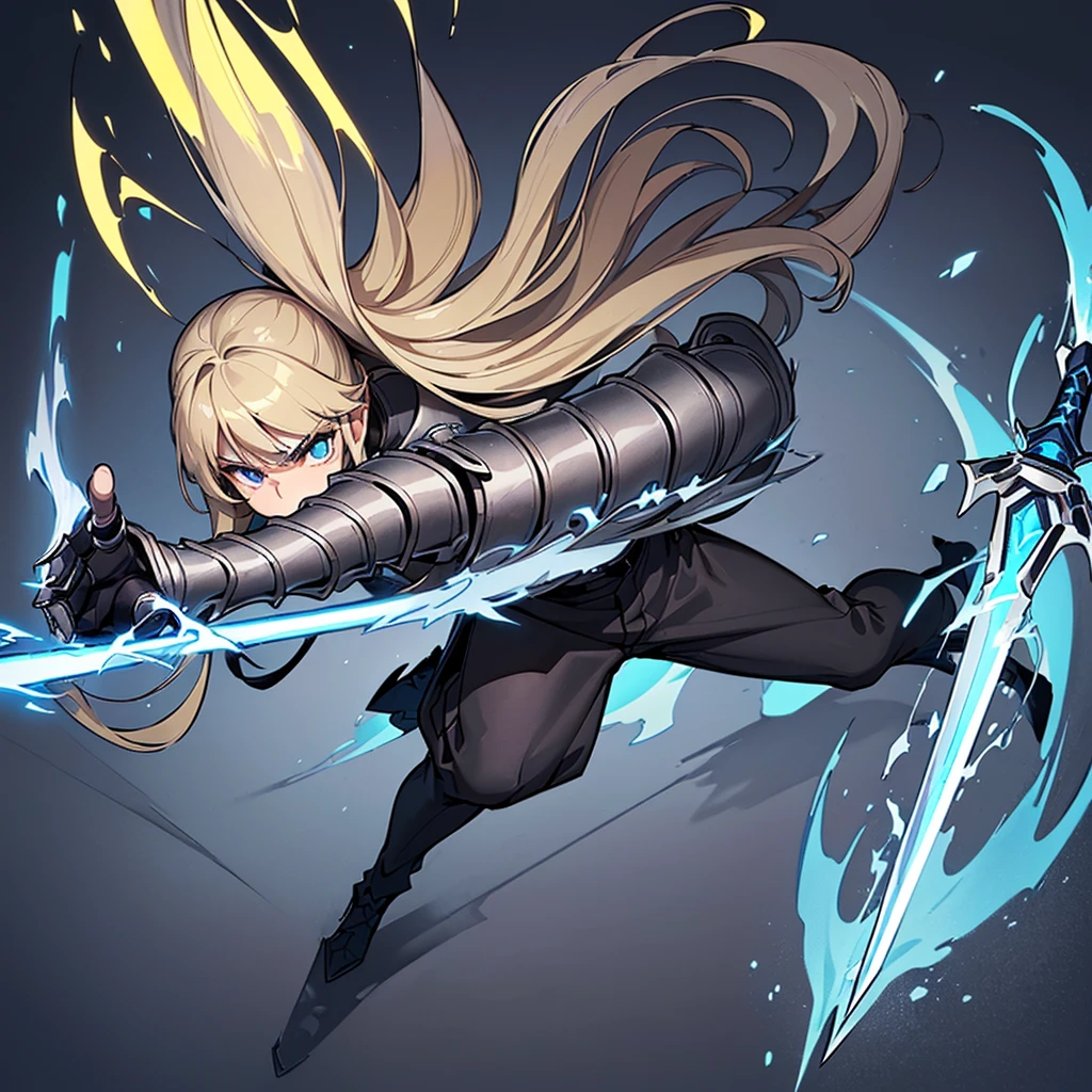 (((Solo)))、(Full body character concept)、Highest quality, Best Quality、(((Gray simple armor、Black trousers))、(woman、18-year-old)、(Blonde、Long Hair)、(Simple Background)、(get annoyed、Grit your teeth)、(From below)、Glowing blue aura、(sword、Deathblow、flash)、Movement angle、(From above at an angle)