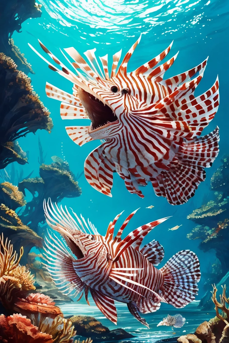 painting of a lionfish attacking a fish in the ocean, an illustration of by Greg Rutkowski, trending on cgsociety, fantasy art, scary sea monster, underwater sea monster, serpentine water monster, sea monster, scylla and charybdis, sea serpent, sea monsters, amazingly detailed d & d art, aquatic creature, paleoart, great leviathan