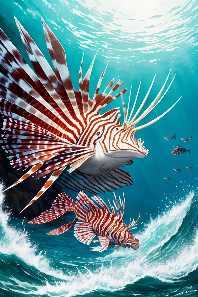 painting of a lionfish attacking a fish in the ocean, an illustration of by Greg Rutkowski, trending on cgsociety, fantasy art, scary sea monster, underwater sea monster, serpentine water monster, sea monster, scylla and charybdis, sea serpent, sea monsters, amazingly detailed d & d art, aquatic creature, paleoart, great leviathan