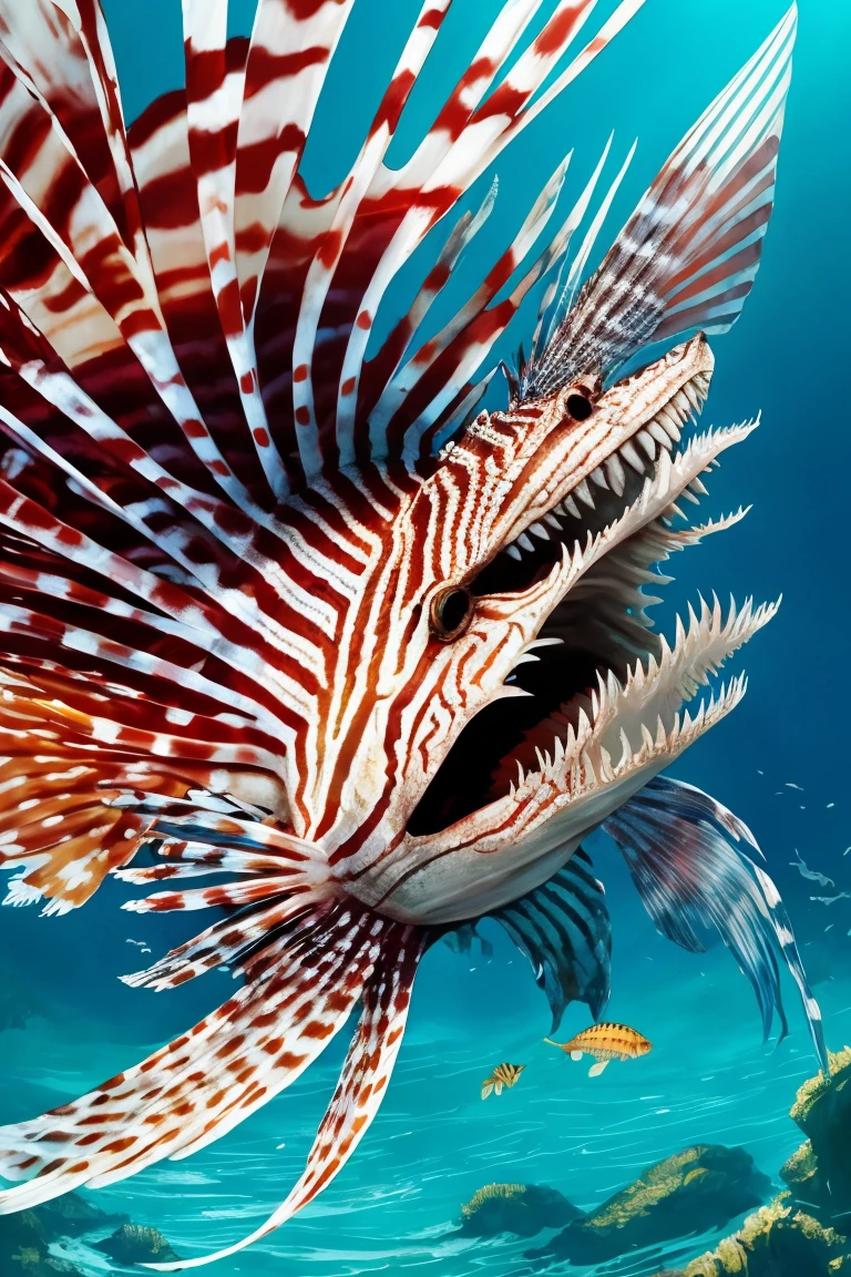 painting of a lionfish attacking a fish in the ocean, an illustration of by Greg Rutkowski, trending on cgsociety, fantasy art, scary sea monster, underwater sea monster, serpentine water monster, sea monster, scylla and charybdis, sea serpent, sea monsters, amazingly detailed d & d art, aquatic creature, paleoart, great leviathan