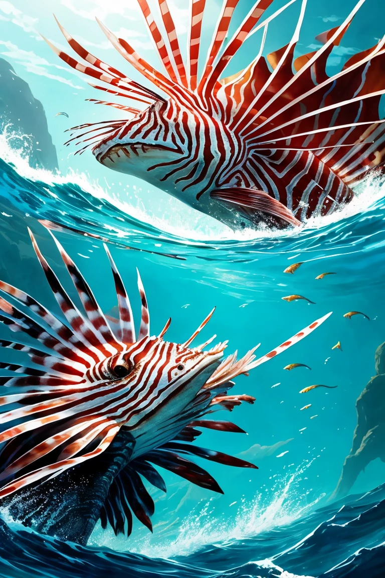 painting of a lionfish attacking a fish in the ocean, an illustration of by Greg Rutkowski, trending on cgsociety, fantasy art, scary sea monster, underwater sea monster, serpentine water monster, sea monster, scylla and charybdis, sea serpent, sea monsters, amazingly detailed d & d art, aquatic creature, paleoart, great leviathan